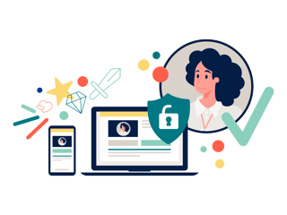 Illustration of secure identity verification across devices, with a user profile, lock shield, and checkmark.